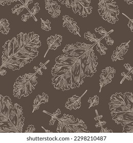 Seamless pattern with kale: kale plant and kale leaves. Brassica oleracea. Vector hand drawn illustration. 