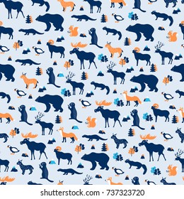 Seamless pattern, Kamchatka cartoon travel vector illustration, colorful symbol isolated on light blue backdrop, decorative texture wild animals, volcanoes, mountains for design wallpaper, textile