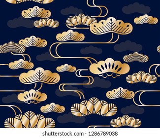 Seamless pattern with KAMON (家紋), are Japanese emblems used to decorate and identify an individual, a family.
Japanese elements, Asian traditional pattern. Pattern for printing on packaging, textiles