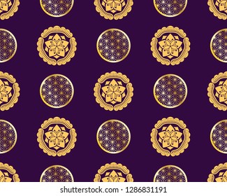 Seamless pattern with KAMON (家紋), are Japanese emblems used to decorate and identify an individual, a family. Japanese elements, Asian texture. Pattern for printing on packaging, textiles, paper.