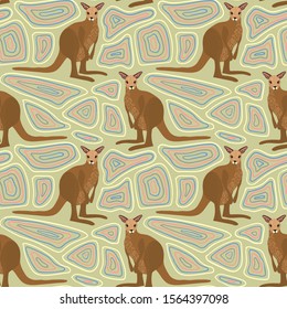 Seamless pattern of kangaroo with ethnic ornament elements. Repetitive textile vector print, wallpaper design.