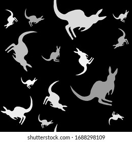 Seamless pattern with kangaroo silhouettes. Australian animal White silhouettes isolated on black background. Hand-drawn. Vector illustration