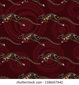 Seamless pattern of kangaroos with abstract circles on background. Australian art. Aboriginal painting style. Vector color background.