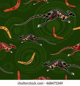 Seamless pattern of kangaroos and boomerangs with abstract circles on background. Australian aboriginal ornament. Aboriginal painting style. Vector background.
