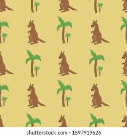 Seamless pattern with kangaroos and palms on a yellow background.