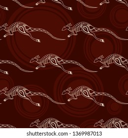 Seamless pattern of kangaroos silhouettes with abstract circles on background. Australian art. Aboriginal painting style. Vector color background.