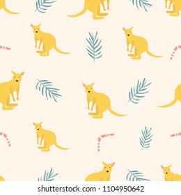 Seamless pattern with kangaroos and tropical leaves