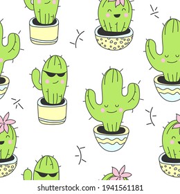 Seamless pattern with kawai cactuses in pots. Vector characters in doodle style. 