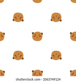Seamless pattern with kawaii angry bear face on white background. For prints, backgrounds, wrapping paper, textile, linen, wallpaper, etc. 