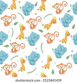 Seamless pattern kawaii animal characters giraffe, elephant, monkey