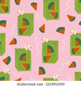 Nahtloses Muster mit kawaii-asiatischen Getränken mit Wassermelongeschmack. Packung Saft oder Milchkiste. Cute Vektorhintergrund