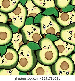 Padrão contínuo com caracteres abacate kawaii em várias expressões bonitas. Sem texto, perfeito para projetos infantis, tecidos, papel digital, embalagens e fundos lúdicos.