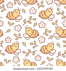 Seamless pattern with kawaii bee, flowers and leaves. Cute print for phone case, backgrounds, fashion, wrapping paper and textile. Vector Illustration