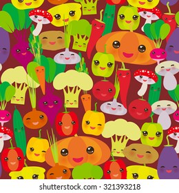 Seamless pattern Kawaii bell peppers, pumpkin beets carrots, eggplant, red hot peppers, cauliflower, broccoli, potatoes, mushrooms, cucumber, onion, garlic, tomato, radish brown background. Vector