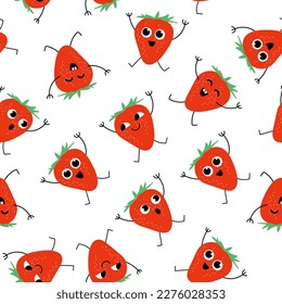 Seamless pattern with kawaii berries. Cheerful design for kids clothes with cute strawberry characters on white background