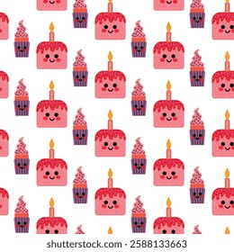 Seamless Pattern of Kawaii Birthday Cakes and Cupcakes with Candles. Cute seamless pattern featuring pink birthday cakes and cupcakes with smiling faces, candles, and cheerful details. Perfect 