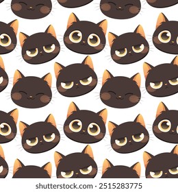 Seamless pattern with kawaii black cats. Black cat with different emotions. Vector ornament with white background