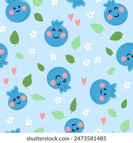 Seamless pattern with kawaii blueberries, flowers and hearts on blue background. Kids pattern design in vector. Hand drawn illustration. Can be used for kids, textile or fabric.