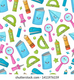 Seamless pattern with kawaii book, ruler, marker, pencil and magnifier, cute cartoon characters on white background. back to school or learning concept, Childrens vector flat illustration of education