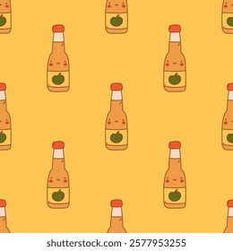 Seamless pattern with kawaii a bottle of apple cider. Element for print, texture, fabric, wrap. Vector illustration.