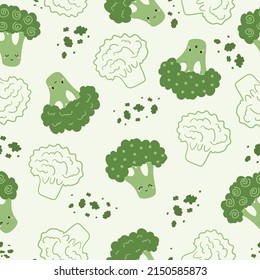 Seamless Pattern Kawaii Broccoli. Vector Illustration. Design for scrapbooking, decoration, cards, paper goods, background, wallpaper, wrapping, fabric and all your creative projects