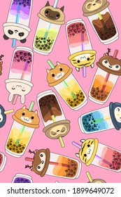 Seamless pattern with kawaii bubble tea with animal faces. Vector graphics.