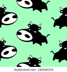 Seamless Pattern Kawaii Bull Vector suitable for fabric prints, post cards, wrapping paper, vector background.