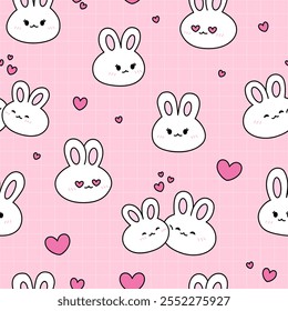 Seamless pattern with kawaii bunnies on pink background. Vector illustration. Valentine's day.