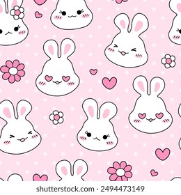 Seamless pattern with kawaii bunny and flowers. Hand drawn vector illustration. Cute texture for print, textile, fabric.