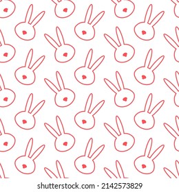 Seamless pattern with kawaii bunny head. Cute cartoon rabbit head pastel pink on white background. Easter, baby shower, kid’s clothes, textile design. Vector illustration