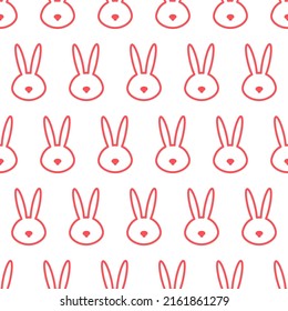 Seamless pattern with kawaii bunny head. Cute cartoon rabbit muzzle pastel pink on white background. Easter, baby shower, kid’s clothes, textile design. Vector illustration