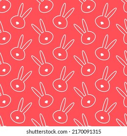 Seamless pattern with kawaii bunny head. Cute cartoon rabbit muzzle white on pastel pink background. Easter, baby shower, kid’s clothes, textile design. Vector illustration