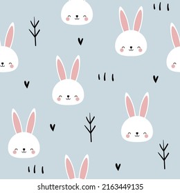 Seamless pattern with kawaii bunny, hearts and trees. Hand drawn in doodle style. For decoration in a nursery, wallpaper, textiles, baby clothes. On a blue background. Easter Bunny.