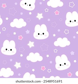 Seamless pattern with kawaii bunny and stars. Hand drawn vector background.