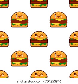 seamless pattern with kawaii burger on white background Flat design Vector Illustration gamburger