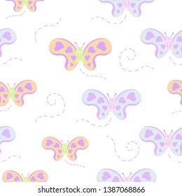 Seamless Pattern Kawaii Butterflies Vector suitable for fabric prints, post cards, wrapping paper, vector background.