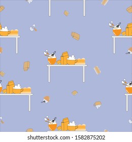 Seamless pattern of kawaii cartoon of  bakery equiptment on table for wallpaper, background, fabric textile, paper print work, kids clothes. Vector design. 