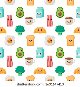 seamless pattern kawaii cartoon breakfast. food on white background. vector Illustration.