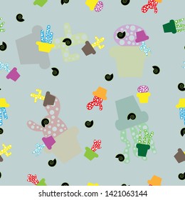 Seamless pattern of kawaii cartoon cactus in pot, for paper work, fabric, wallpaper, background. Vector design. 