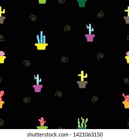 Seamless pattern of kawaii cartoon cactus in pot black background, for paper work, fabric, wallpaper, background. Vector design. 