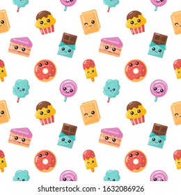 seamless pattern kawaii cartoon dessert. sweet candy on white background. vector Illustration.
