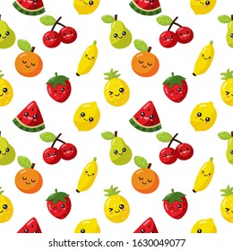 seamless pattern kawaii cartoon fruit on white background. vector Illustration.