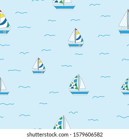 Seamless pattern of kawaii cartoon sailboat in the ocean for wallpaper background, paper print, fabric textile, kids clothes. Vector design. 