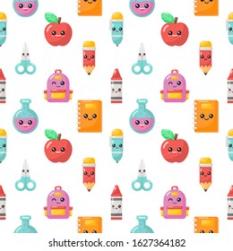 seamless pattern kawaii cartoon school supplies. back to school on white background. vector Illustration.