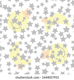 Seamless pattern of kawaii cartoon the yellow moon and star on white background for paper work, fabric business, wallpaper or background. Vector design.
