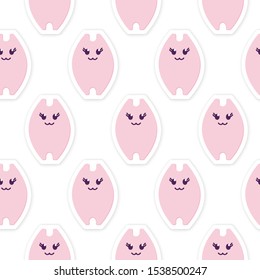 Seamless Pattern of Kawaii Cat Stickers. Cute smiling Kitty Girl. Simple Paper Cut flat style. For kid cards, room decor, web. Pastel color character isolated on white. Printable Vector Illustration