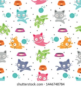 Seamless Pattern Kawaii Cats, Cartoon Animals Background, Vector Illustration
