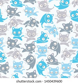 Seamless Pattern Kawaii Cats, Cartoon Animals Background, Vector Illustration