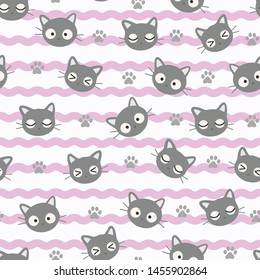 Seamless Pattern Kawaii Cats, Cartoon Animals Background, Vector Illustration