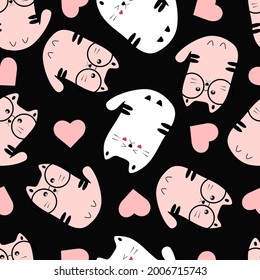 Seamless pattern kawaii cats with hearts isolated on black. Design for card, kids, textile, fabric, cover notepad